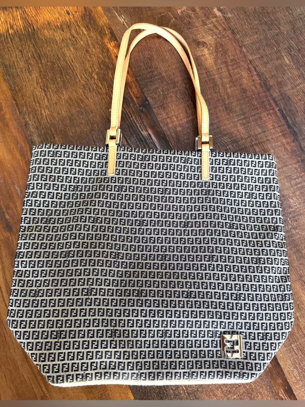FENDI Zucca FF Navy Monogram Canvas Leather Tote Bag Made In Italy LIKE NEW - Picture 14 of 14